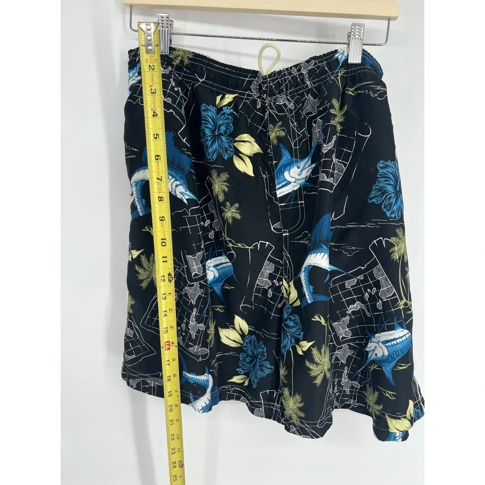 Mens Black Tropical Marlin Hibiscus Print Swim Trunks Board Shorts Elastic Waist
